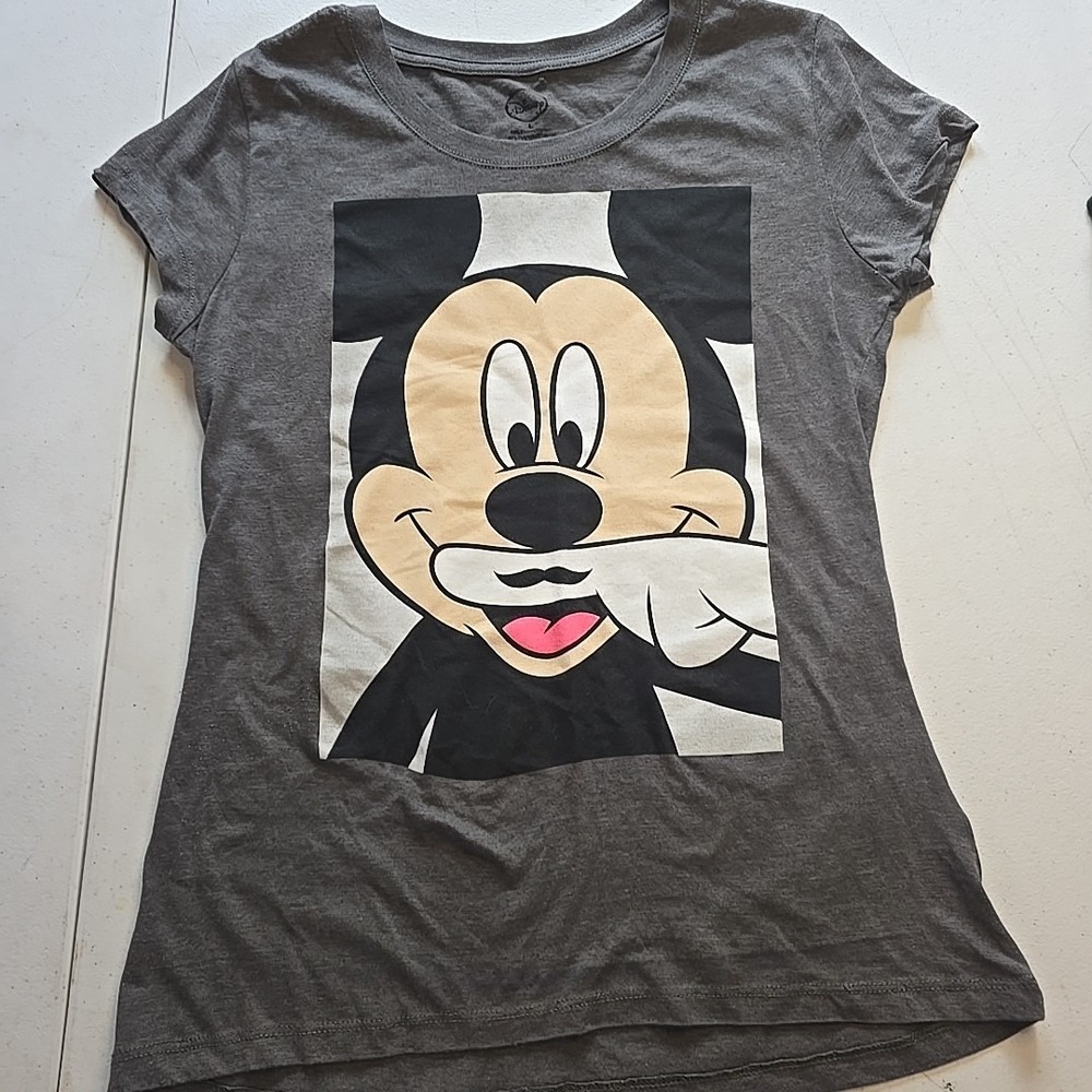 Mickey Mouse With Moustache Gray Shirt Ladies Large L Disney‎ Short Sleeve
